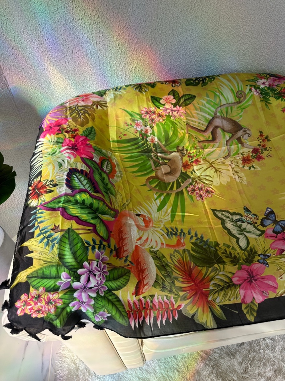 Johnny Was Amorina 100 Silk Scarf Tropical Floral Scarf-Yellow with Pink & Green - Picture 5 of 14
